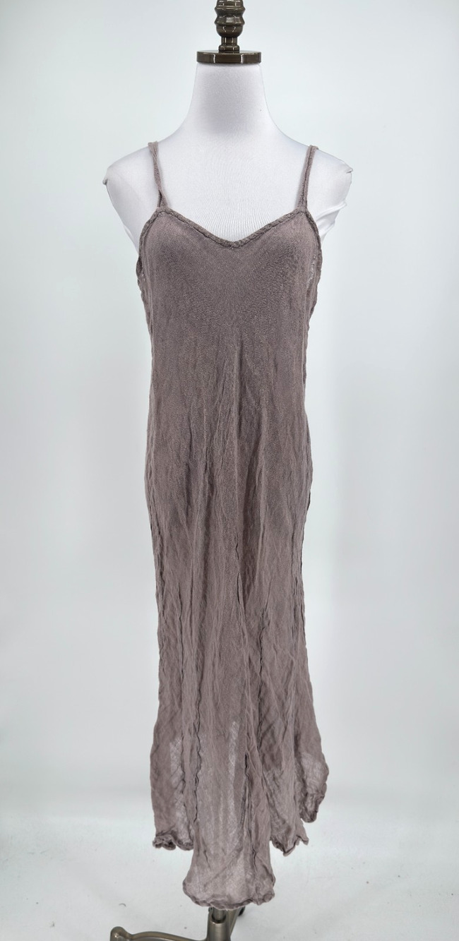 Home Frocks Taupe Woven Linen Crinkled V Neck Sleeveless Slip Dress Sz M